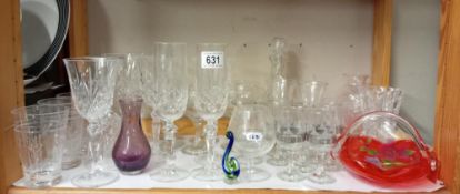 A coloured glass basket & Crystal glasses etc