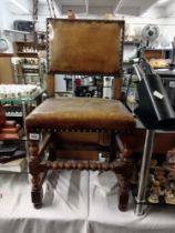 A vintage tan leather chair with oak frame, COLLECT ONLY.