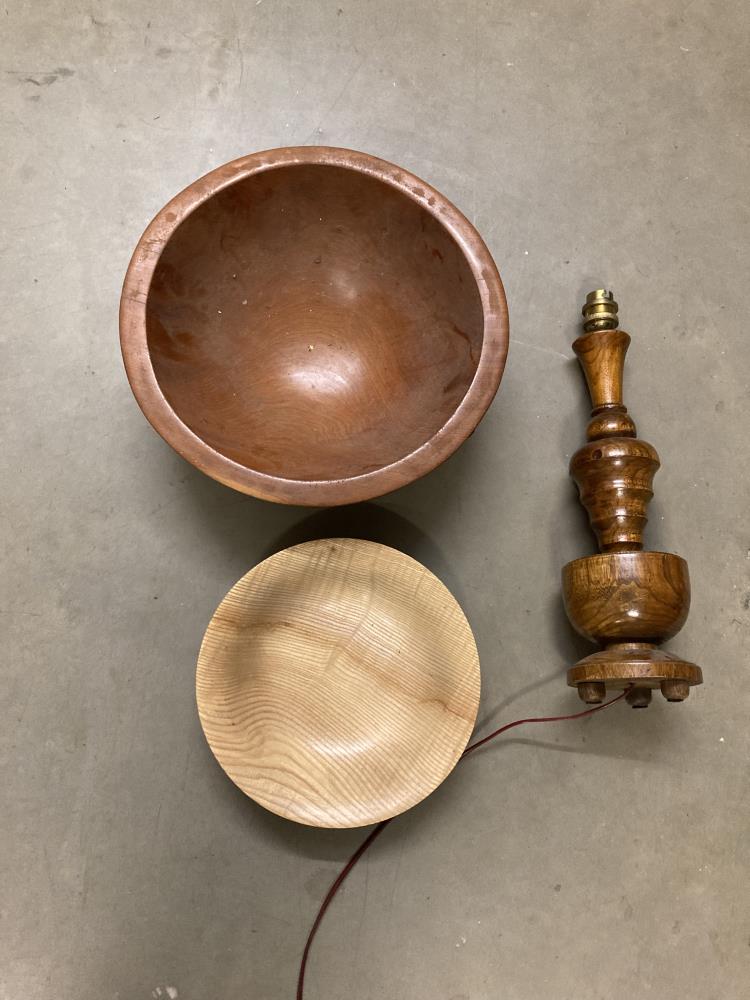 A trio of wooden items, a turned Lamp Base,a small beech dish and larger fruit wood bowl. - Image 2 of 2