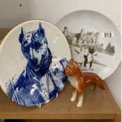 Two bull terrier plates and a bull mastiff figure