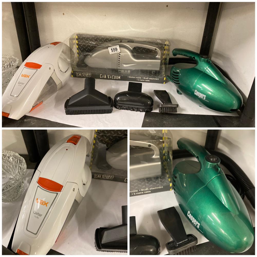 A trio of hand held Vacuum cleaners, Vax, Coopers & car stuff.