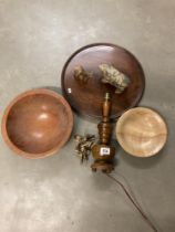A trio of wooden items, a turned Lamp Base,a small beech dish and larger fruit wood bowl.