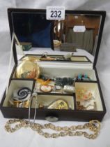 A jewellery box with assorted costume jewellery including cameo.