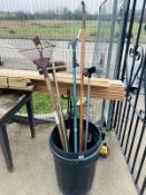 Collection of garden tools, & brushes. (bin not included)