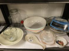 A collection of kitchen Pyrex and other wares plus Salter scale