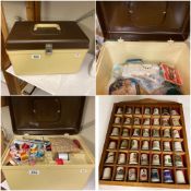A sewing box and contents plus collection of thimbles