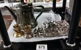A Pewter teapot, White metal trivet, candle holders & corkscrew