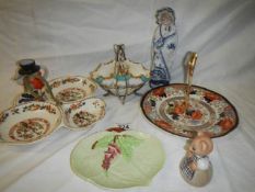 A mixed lot of ceramics including hand-painted basket on stand.