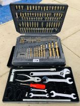 A box of drill bits of various sizes & A box of Jaguar car tools. Both incomplete