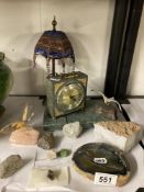 A collection of agate pieces, including Carriage clock, stand, dish and a beaded tea light