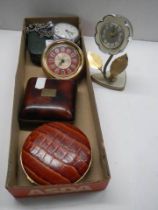 A Smith's pocket watch in working order, 3 other clocks and a pocket watch case,.