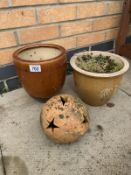 2 x small stone plant pots with a terracotta Orb