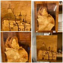 A pair of inlaid Marquetry Wall hangings featuring a woman with child and a building 49 cm x 38 cm