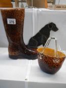 A Murano style glass boot, Murano style glass basked and a leaded glass dog.