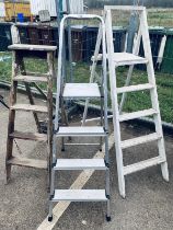 A quantity of 3 step ladders 2 wooden, 1 Aluminium
