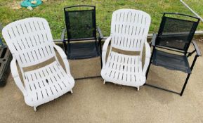 2 Metal framed garden chairs with 2 white plastic garden chairs
