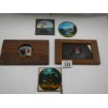 Two hand painted magic lantern slides and three others (one with chip on corner).