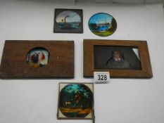 Two hand painted magic lantern slides and three others (one with chip on corner).