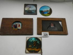 Two hand painted magic lantern slides and three others (one with chip on corner).