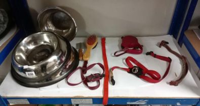 3 Large dog bowls, Collars & Harness