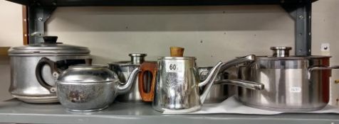 A Stainless pan set & 2 vintage tea pots