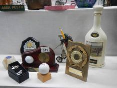 A mixed lot of golfing trophies, cuff links, decanter etc.,