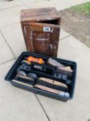 Tub of assorted shoeshine brushes & polishes & wooden box