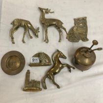 A collection of Brass items inc stag (one antler damaged) hind, horse and sprayer.
