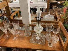 A heavy glass lamp base & other items
