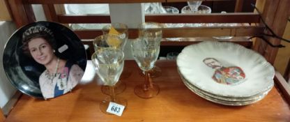 5 Vintage glasses & 4 plates commemorating 'Lords' & A Queen Elizabeth plate A/F