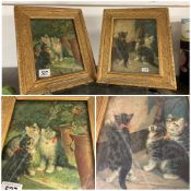 A pair of vintage Cat pictures in matching gold frames 23 x 18cms