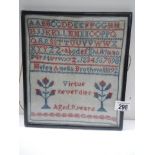 A framed and glazed 1892 sampler by Helen Amelia Brothwell aged nine years.