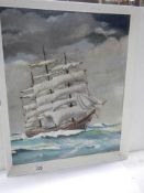 An oil on board painting of a tall ship in full sail signed Jarrod 1983, 49 x 59 cm, COLLECT ONLY.