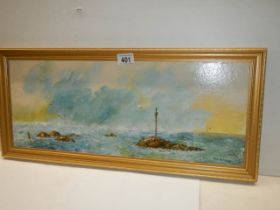 A gilt framed oil painting entitled 'Barrel Rock Tide In' signed Don Blizzard. COLLECT ONLY.