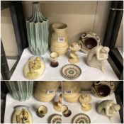 A Goebel wall vase and selection of studio style pottery and two hard stone items