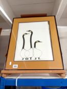A framed print of stylised geese