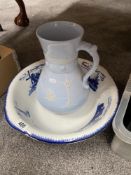 a large Victorian glazed jasperware jug A/F & A blue & white work bowl