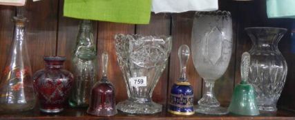 A mixed lot of glass vases and bells, COLLECT ONLY.