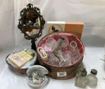 A vintage scent & other bottles with gilt mirror on stand