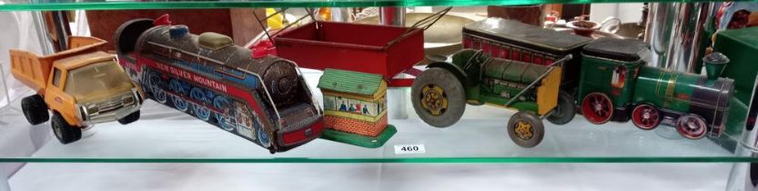 A quantity of tinplate toys including Mettoy tractor & trailer, Silver mountain battery operated