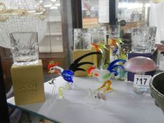 Six boxed whisky tumblers, a quantity of coloured glass birds and a glass mushroom, COLLECT ONLY.