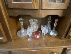 3 Glass decanters (Including 1 Captains) Drink glasses, vase etc