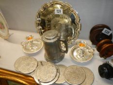A silver plate tray, candlesticks etc.,