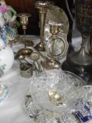 A mixed lot of silver plate including candlesticks.