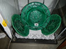 Two green ceramic 'Cabbage' plates and one other.