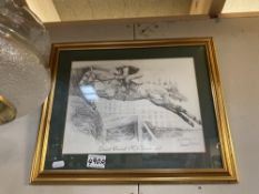 A Gilt framed & glazed print of a collage of Desert Orchid race horse dated 1990 & signed