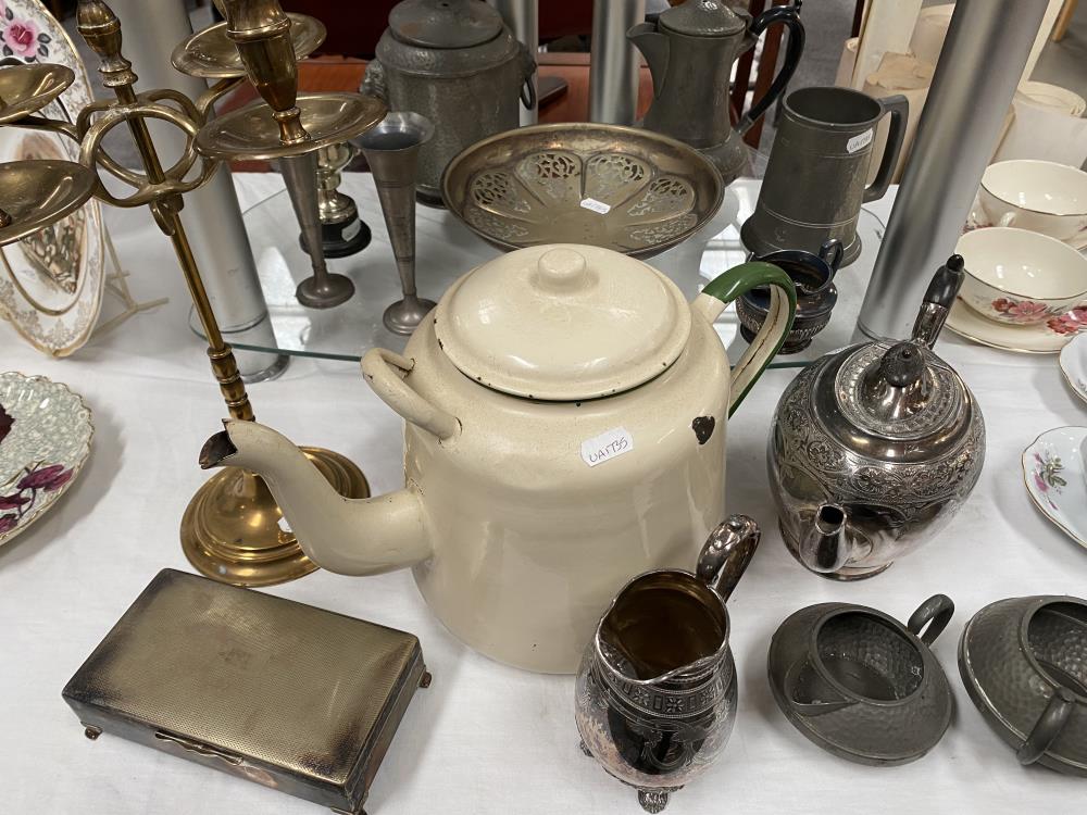 A quantity of Pewter, Silver plate, Large enamel tea pot & brass candelabra - Image 4 of 4