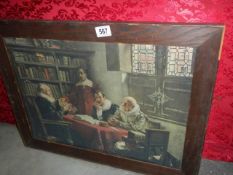 A framed and glazed circa 1930's print depicting an Elizabethan scene. COLLECT ONLY.