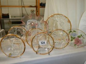 A large gilt edged dish with five matching smaller dishes and two other glass dishes. COLLECT ONLY.