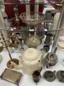 A quantity of Pewter, Silver plate, Large enamel tea pot & brass candelabra